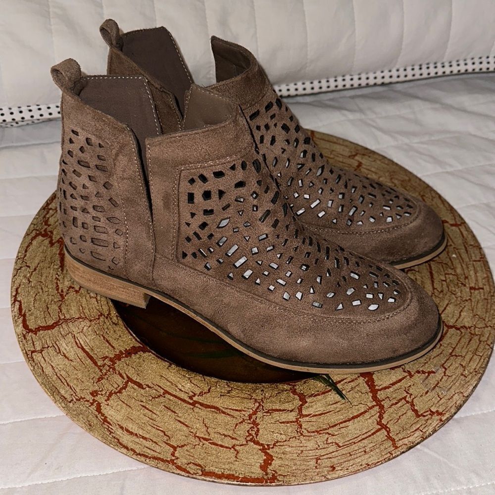 CG 9 Tan Faux Suede Laser Cut V Cut Ankle Booties